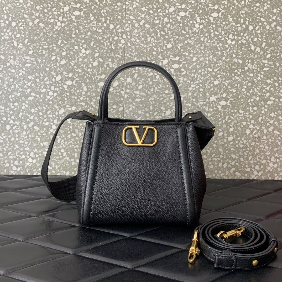 Valentino Garavani Alltime Small Handbag in Black Grainy Calfskin